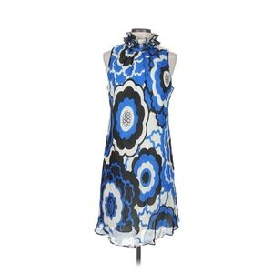Ali Ro silk blend  Sleeveless Floral blue Print Shift Dress with Ruffle Collar